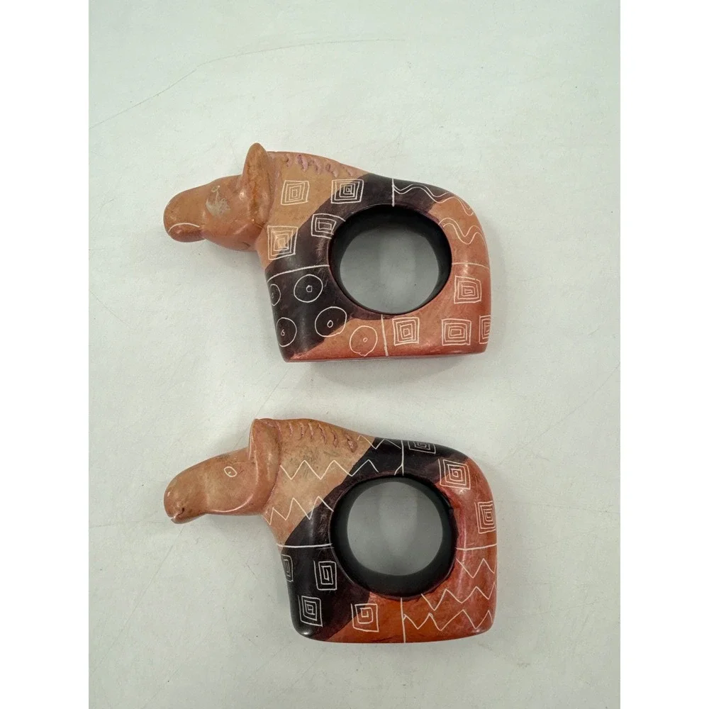 Hand Carved Soap Stone Animal Napkin Rings Set of 8 Kenya Lion Elephant Rhino